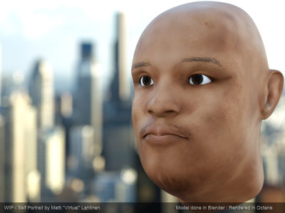 Modeled using Blender, Subdivided 3x for Octane render to avoid artifacts: Original Model is 1379 polygons, includes eyes and their layers.<br />Textured using Photoshop,<br />Rendered in Octane (5 minutes render to 2048px/s)<br /><br />Reference used for head, and textures<br /><br />Background Lighting image taken S. Bach, posted under creative commons attribute license. available at Wikipedia under Space Needle Panorama file.
