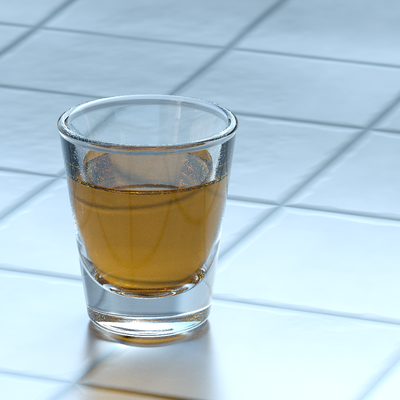 Octane render (1.5ish hours, sampling 16,000). Note the boundary between the liquid and the glass at the bottom.