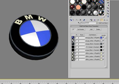 In this second example (next three images), Vray Materials have been used for the two center materials (blue and white logo), and the thee letters material...