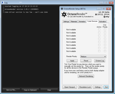 Screenshot of Octane Log and Cuda Devices