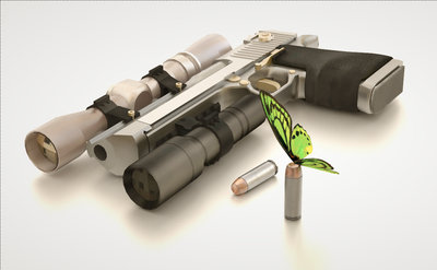 Updated using Octane8000 which seems a little more stable when I adjust materials and allowed me to get a nickel finish on the Desert Eagle. Also change to a different camera response &quot;Porta 160NCCD.&quot; Not completely happy with the gold plated parts but its a start.