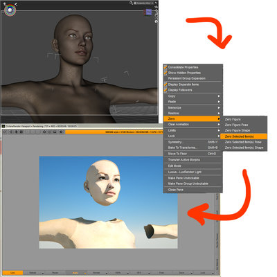 In this example using V6, I select her neck and left shoulder. Zeroing the selected items renders them invisible in OCDS viewport.