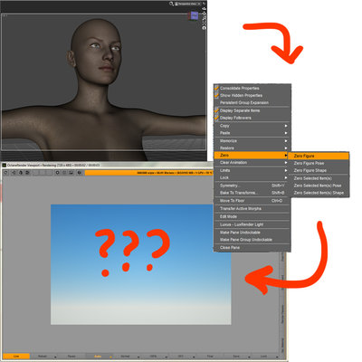 In this second example, I select the V6 figure and hit &quot;Zero Figure&quot;. In DS viewport she reverts back to G2F, but presto!! She disappears from OCDS viewport!
