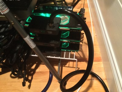 Swiftech Komodo Titan Z Waterblock, currently Series tubing (Swiftech SLI connectors), facing backplate-down, GPUs remain connected via USB 3.0 Risers