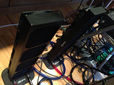 2 supplemental XSPC AX480 Quad Fan Radiators, 1 per loop