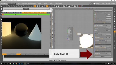 There are two lights in the scene.<br />The cone is added by default to light pass ID 1.<br />The cube is assigned manually to Light Pass ID 2.