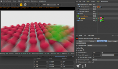 C4D Camera Morph Motion Blur - spheres are camera blur, green cube is transform blur