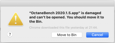 “OctaneBench 2020.1.5.app” is damaged and can’t be opened. You should move it to the Bin.