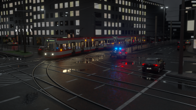 The reflextions of the tram look good, but the lights of the police car produce the ugly artefacts.