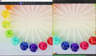 On the left, exported final image via c4d save matching octane IPR