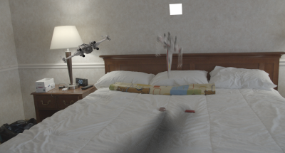 the main scene set up. Just an HDRI (not seen), live footage (seen), two 3D objects, and One external light source (square white area light). Right here it makes sense for the shadow. The shadow is harsh though.