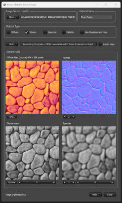 Note the 4 bitmap controls and the 3 slider controls used to tweek the normal, displacement and specular maps.
