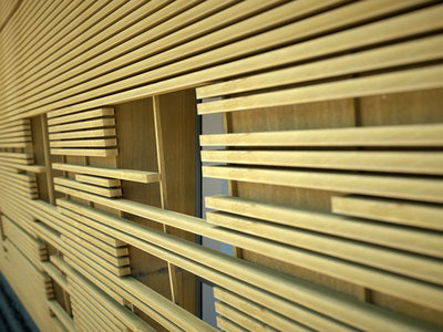 a detail of the new façade in wood
