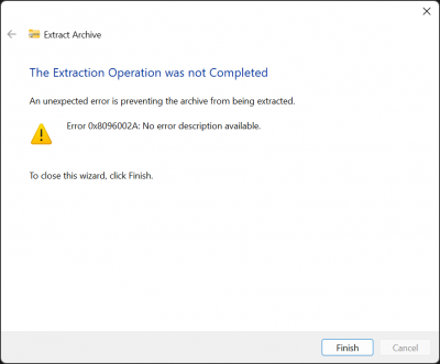 trying to unzip file via context menu