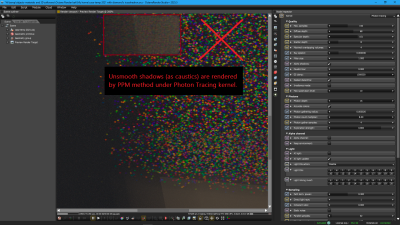 Unsmooth shadow by caustics at PPM method under Photon kernel.png